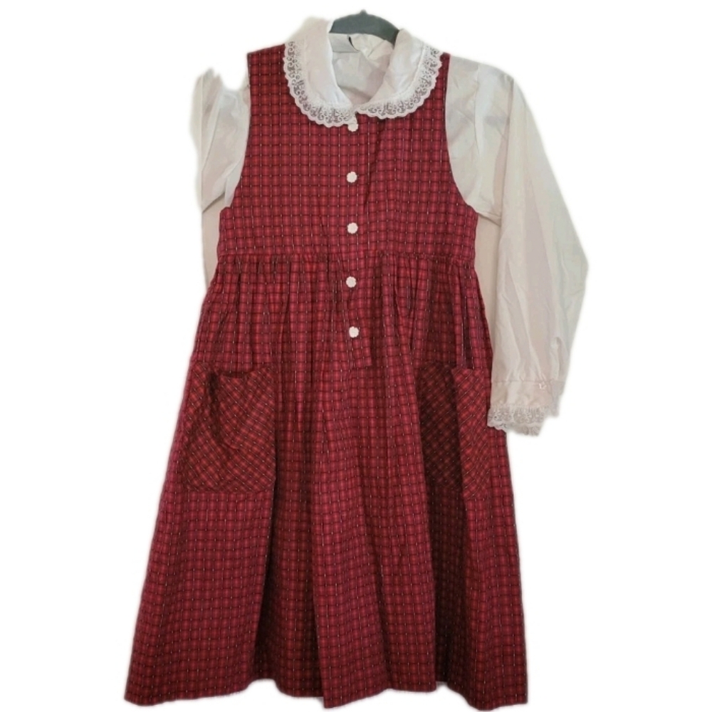 Handmade Red Calico Prarie Dress Lace Trim Button Up & White Blouse Vintage
